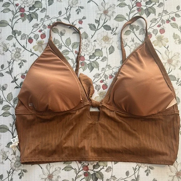Aerie Ribbed Shine Longline Tie Front Triangle Bikini Top Size XXL - Picture 6 of 9